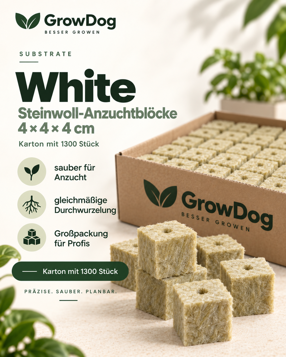 White Steinwoll-Anzuchtblöcke 4 × 4 × 4 cm – 1300 Stück